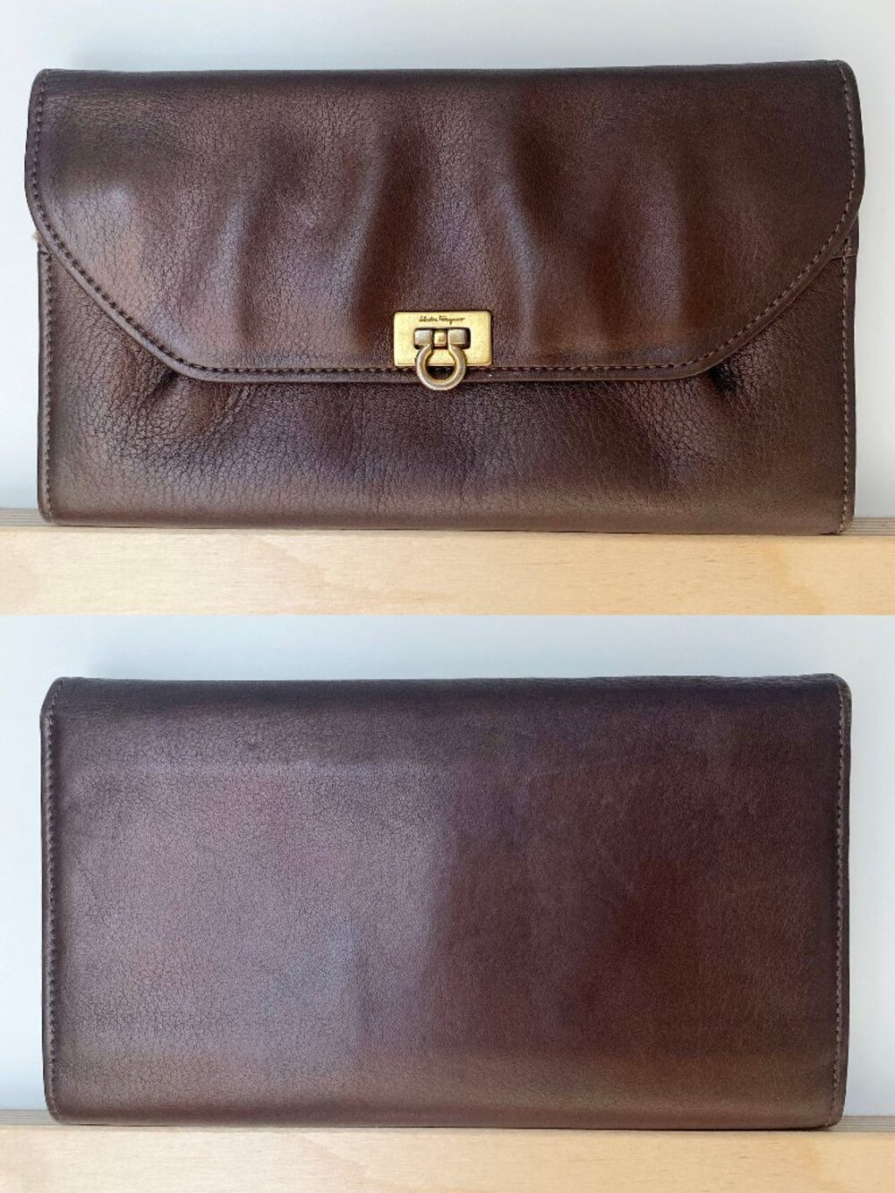 Salvatore Ferragamo Metallic Brown Gancini Clasp Continental Wristlet Wallet